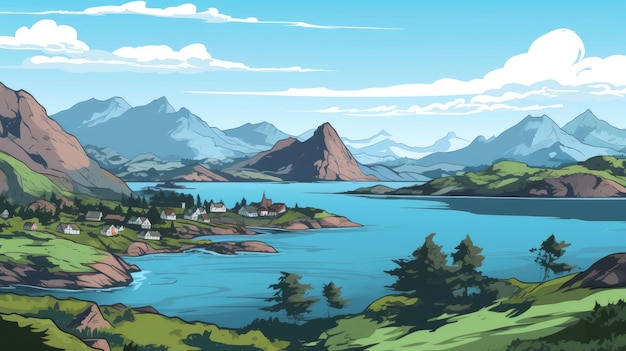 cartoon illustration coastal village nestled amidst lush greenery with mountains in the background u