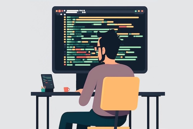 Карикатурная иллюстрация программиста, пишущего скрипт или html-код для игрового программного обеспечения Generative AI