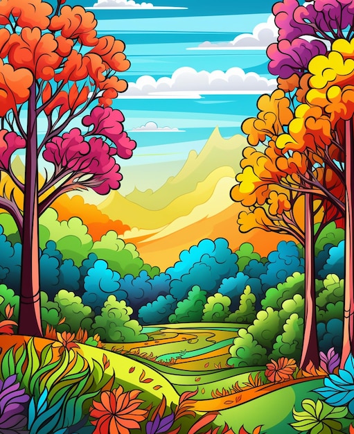 A cartoon illustration of a colorful forest scene with a river generative ai