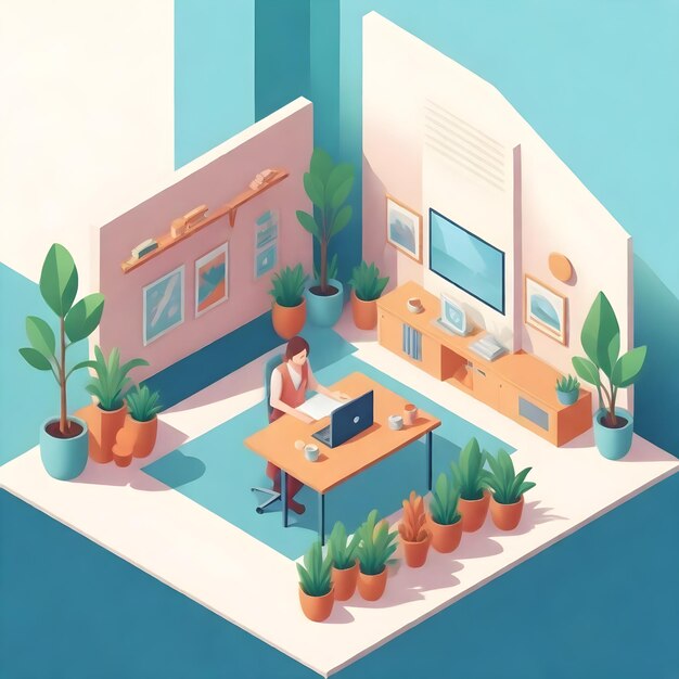 Photo a cartoon illustration of a computer and a desk with plants and a computer