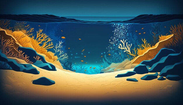 A cartoon illustration of a coral reef with a blue background.