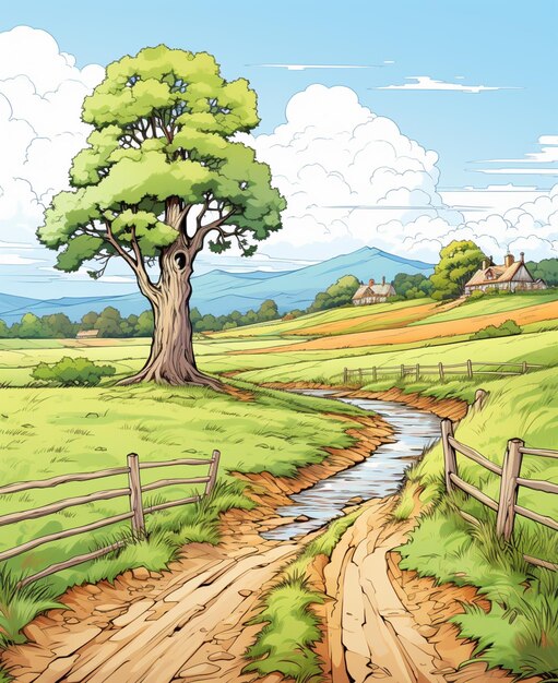 Foto illustrazione di cartone animato di una strada di campagna con un albero e una fattoria generativa ai