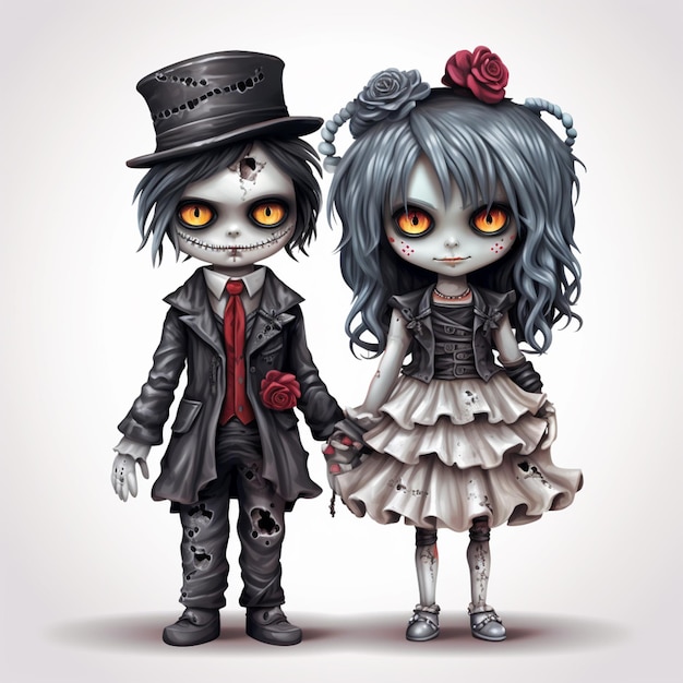 Photo cartoon illustration of a couple of cute gothy characters dressed in gothic costumes generative ai