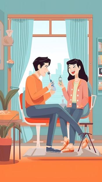 A cartoon illustration of a couple having a drink in their living room.