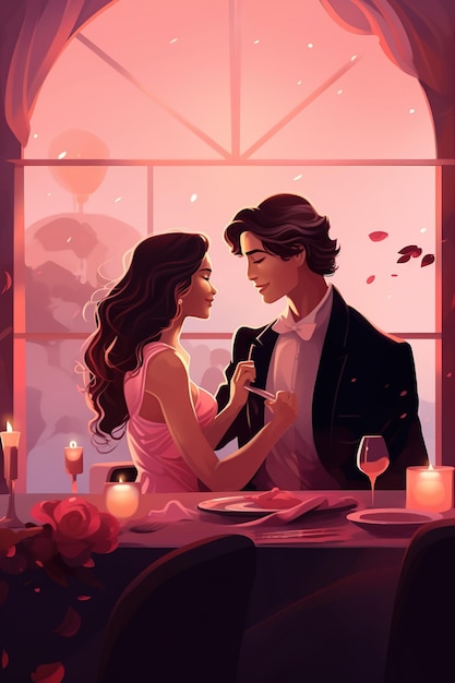 음식과 와인 컵으로 가득 찬 테이블을 가진 사랑에 빠진 커플의 만화 일러스트레이션.