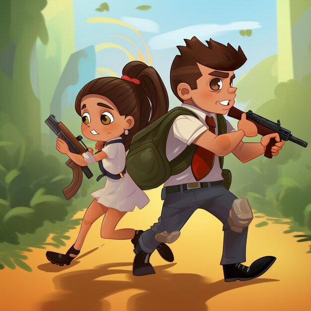 Photo cartoon illustration of a couple of people with guns in a jungle generative ai