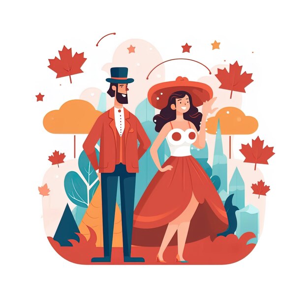 A cartoon illustration of a couple in a red dress and a man in a hat with the word maple on the bottom.