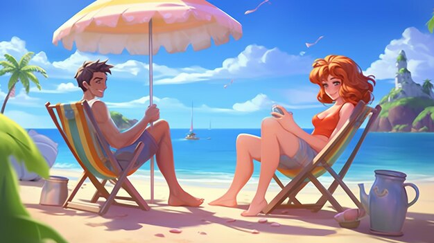 Cartoon illustration of a couple sitting on a beach under an umbrella generative ai