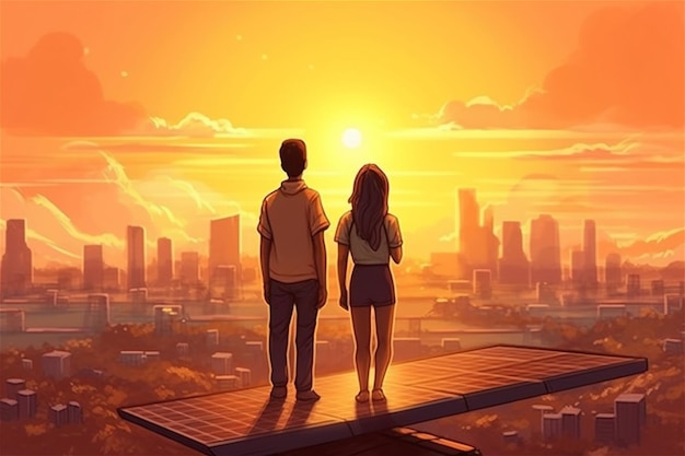 Cartoon illustration of couple and solar panel against big city Generative AI