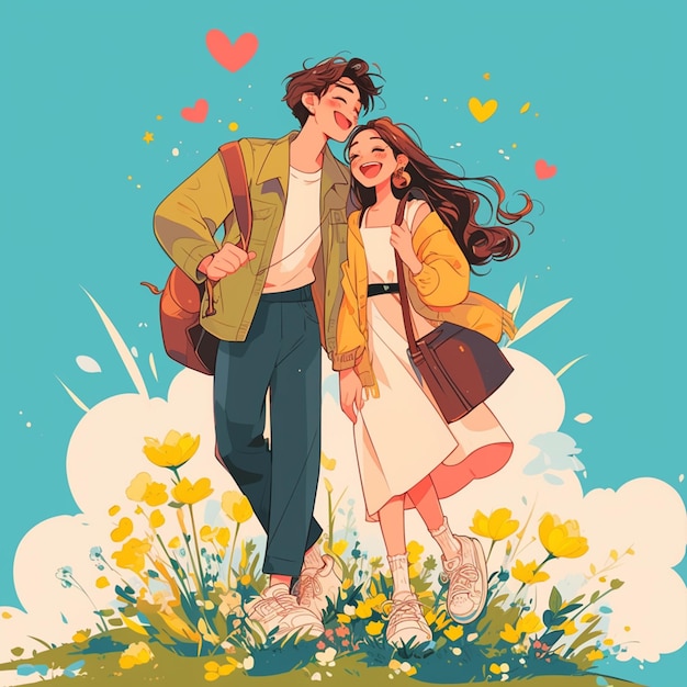 Photo cartoon illustration of a couple walking in a field of flowers generative ai