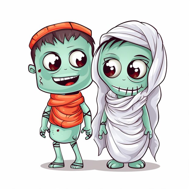 Photo cartoon illustration of a couple of zombies dressed in halloween costumes generative ai