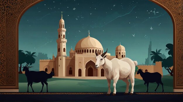 a cartoon illustration of a cow and a cow in front of a mosque