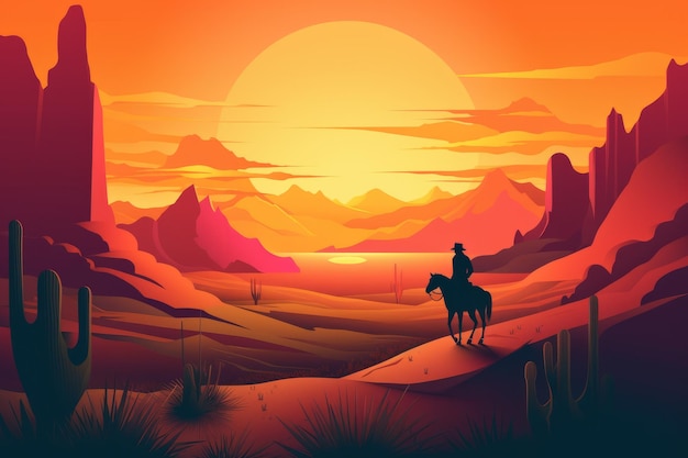 A cartoon illustration of a cowboy riding a horse in a desert.