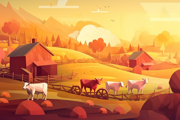 A cartoon illustration of cows in a field with mountains in the background.