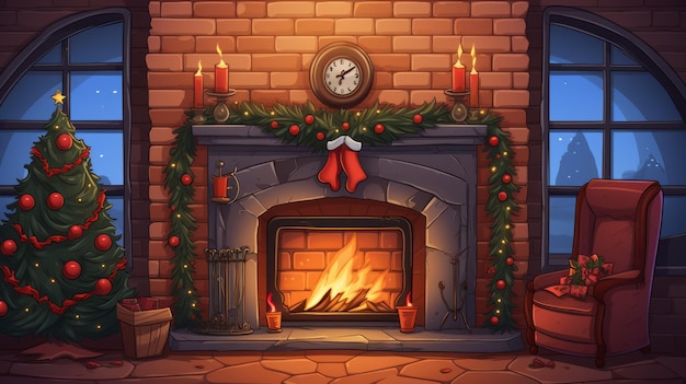 Photo cartoon illustration of a cozy christmas fireplace