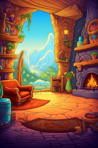 Photo cartoon illustration of a cozy living room with fireplace and mountain view generative ai