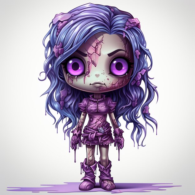 a cartoon illustration of a creepy girl with purple hair and purple eyes generative ai