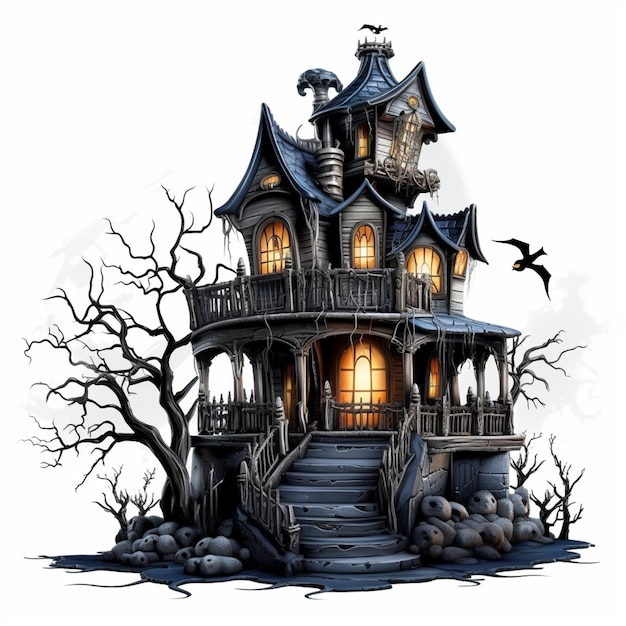 a cartoon illustration of a creepy house with a staircase leading to it generative ai