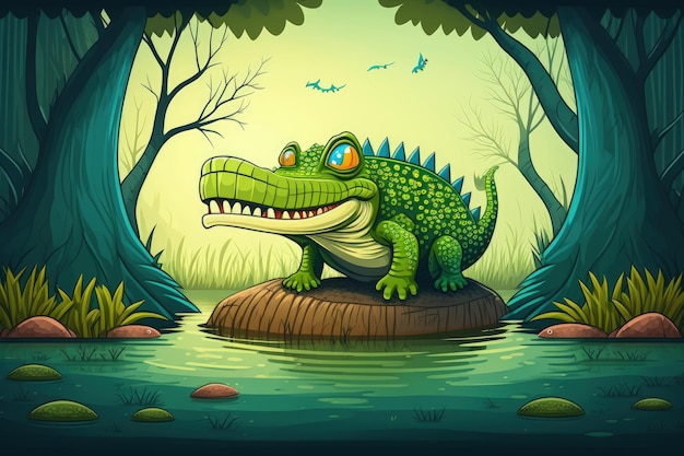 A cartoon illustration of a crocodile in a forest