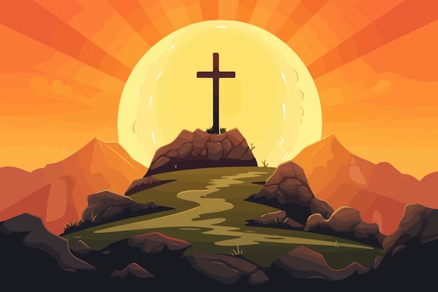 Cartoon illustration of a cross on a hill with the sun setting behind it