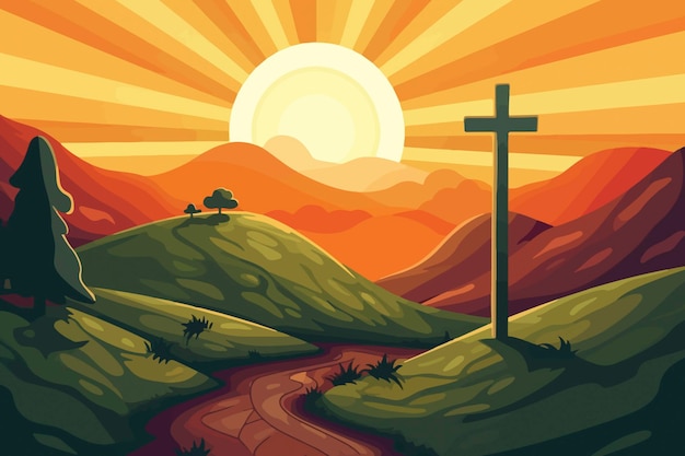 Cartoon illustration of a cross on a hill with the sun setting behind it