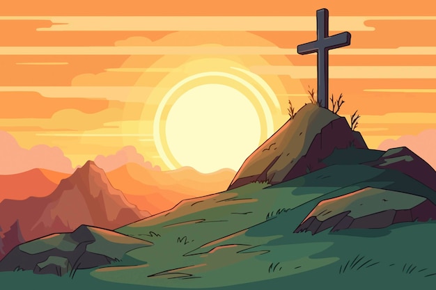 Cartoon illustration of a cross on a hill with the sun setting behind it