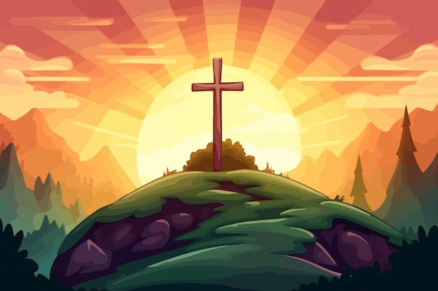 Cartoon illustration of a cross on a hill with the sun setting behind it