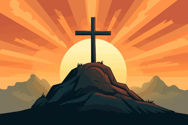 Cartoon illustration of a cross on a hill with the sun setting behind it