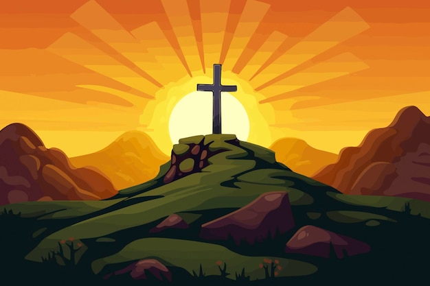 Cartoon illustration of a cross on a hill with the sun setting behind it