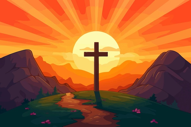 Cartoon illustration of a cross on a hill with the sun setting behind it