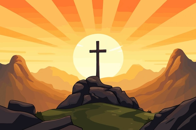 Cartoon illustration of a cross on a hill with the sun setting behind it