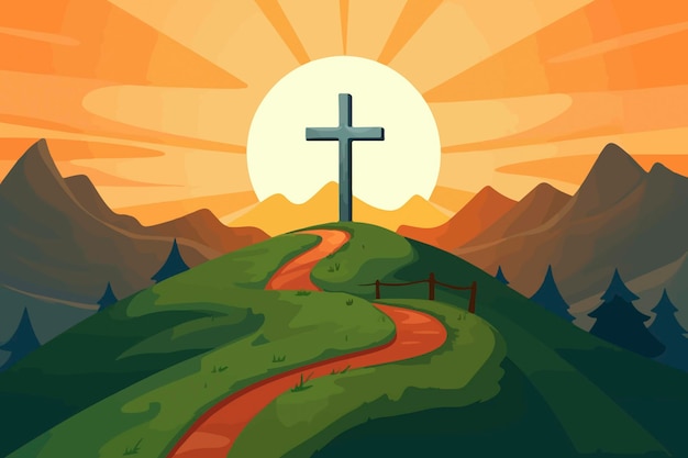 Cartoon illustration of a cross on a hill with the sun setting behind it