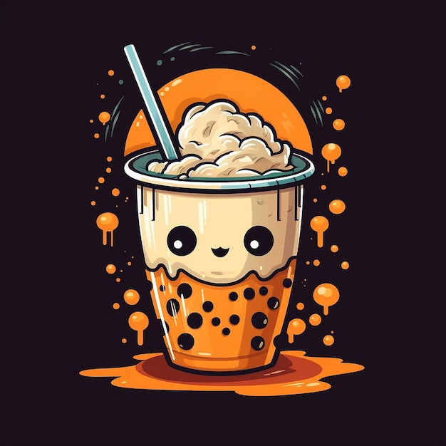 Photo a cartoon illustration of a cup of bubble tea with a straw.