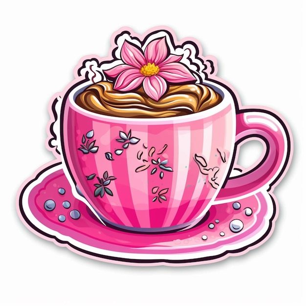 生成 ai の上に花が付いたコーヒー カップの漫画イラスト