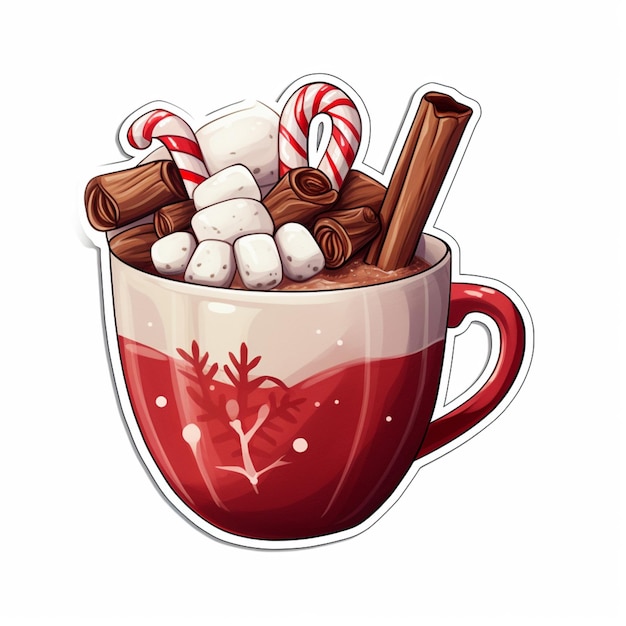 Photo cartoon illustration of a cup of hot chocolate with marshmallows and cinnamon generative ai