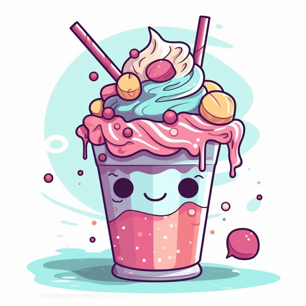 Photo cartoon illustration of a cup of ice cream with a straw and a straw generative ai