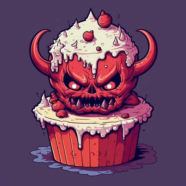 Photo cartoon illustration of a cupcake with a demon face on top generative ai