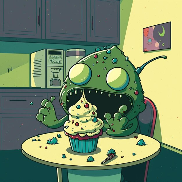 cartoon illustration of a cupcake with a monster face and a cupcake in the middle generative ai