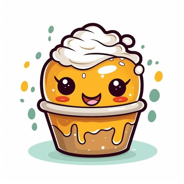 cartoon illustration of a cupcake with a smiley face and whipped cream generative ai