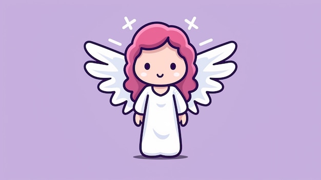 a cartoon illustration of a cute angel with a pink hair and a purple background.