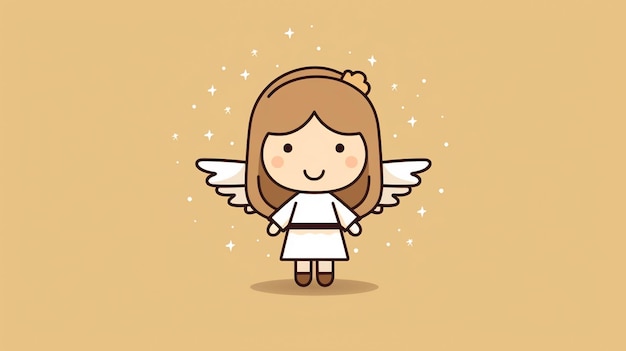 배경에 날개와 별이 있는 귀여운 천사를 그린 만화 그림.