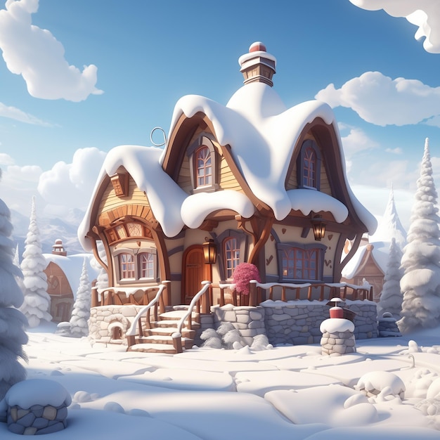 Foto illustrazione di cartone animato di una carina favolosa casa di campagna giorno freddo d'inverno cottage coperto di neve e