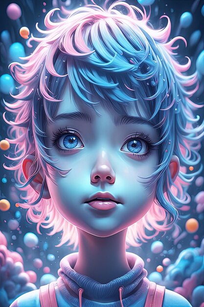 cartoon illustration of a cute girl in a blue wigdigital illustration of a cute boy in pink and blue