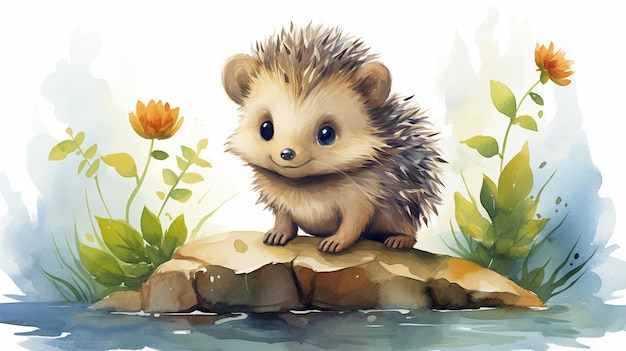 cartoon illustration of cute hedgehog in forest