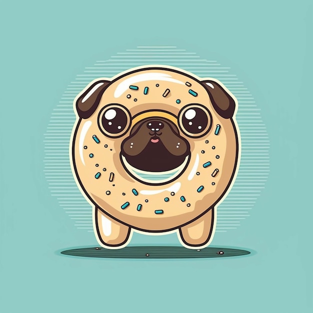 Cartoon illustration of a cute little dog with a donut on its face generative ai