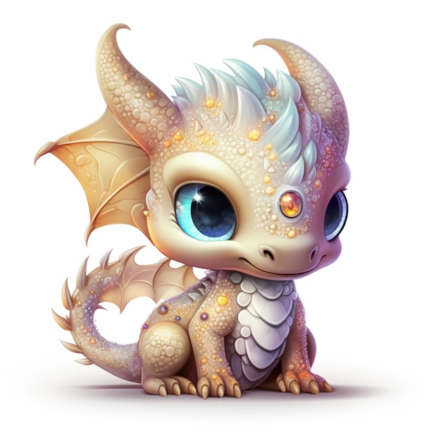 Cartoon illustration of a cute little dragon with big eyes generative ai