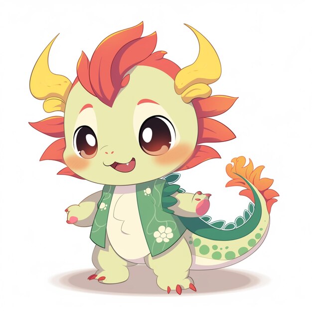 Photo cartoon illustration of a cute little dragon with a flower in its mouth generative ai