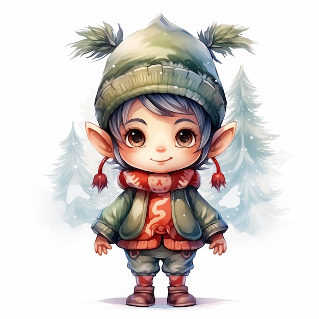 Photo cartoon illustration of a cute little elf girl in a winter outfit generative ai