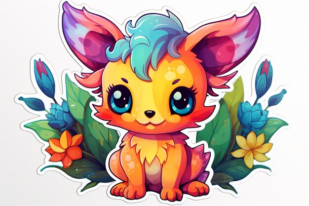 cartoon illustration of a cute little fox with blue hair and flowers generative ai