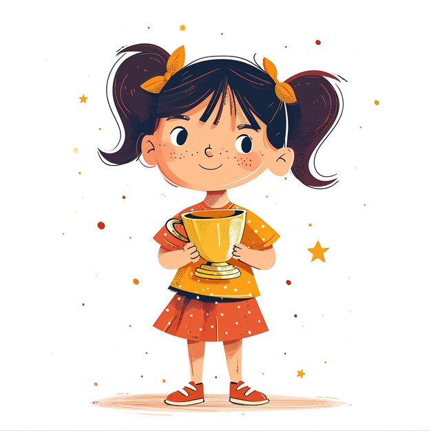 cartoon illustration cute little girl holding a golden winner cup in her hands on white background